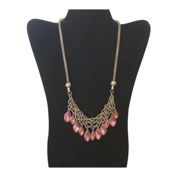 Retro Silver Toned Multicolored Pink Glass Dangling Beads Statement Bib Necklace - Picture 1 of 7